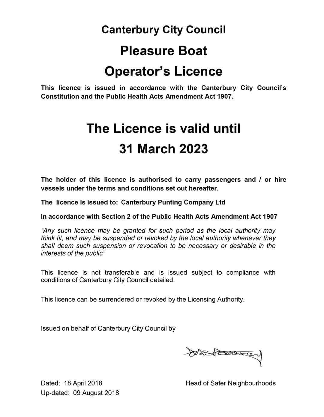 Pleasure Boat Operators Licence 2018