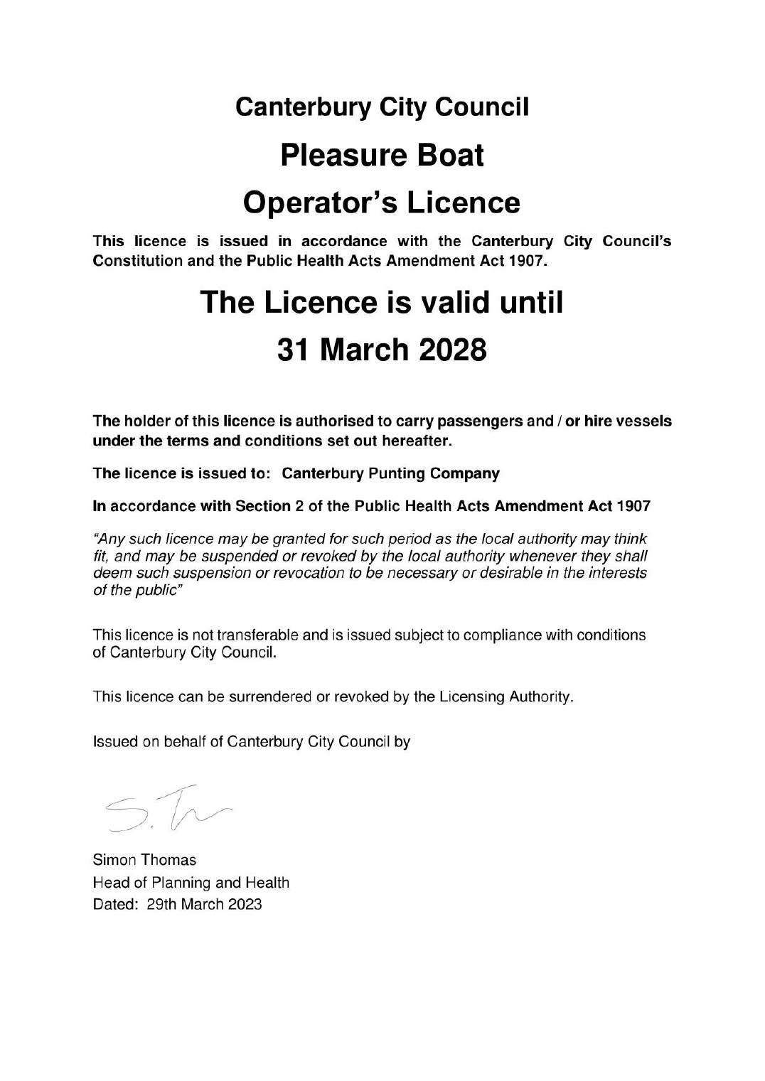 Pleasure Boat Operator's Licence — page 1